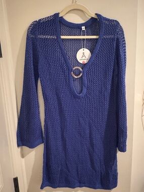 Amazon Women Swim Coverup Blue Knit Tunic with Ring Accent